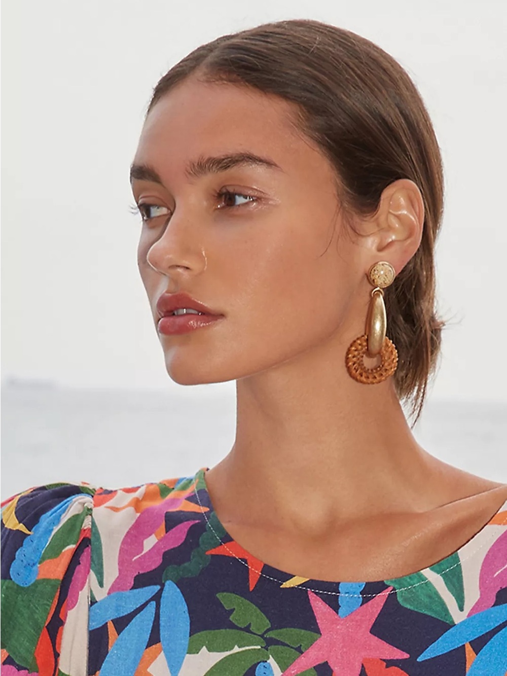 Anthropologie Gold and Tan Woven Hoop Drop Earrings